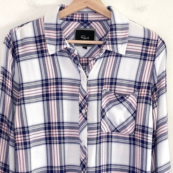 Rails Hunter Plaid Button Down Long Sleeve Shirt White Navy Pink XS - Picture 3 of 12
